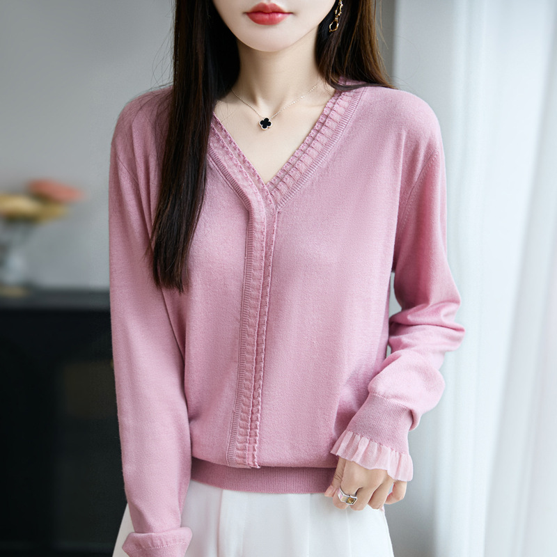 早秋新款时尚蕾丝拼接V领宽松针织衫女减龄气质显瘦百搭女装上衣|undefined