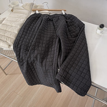博主推荐韩国格子压皱加棉休闲裤女秋冬松紧腰直筒阔腿裤八分裤子