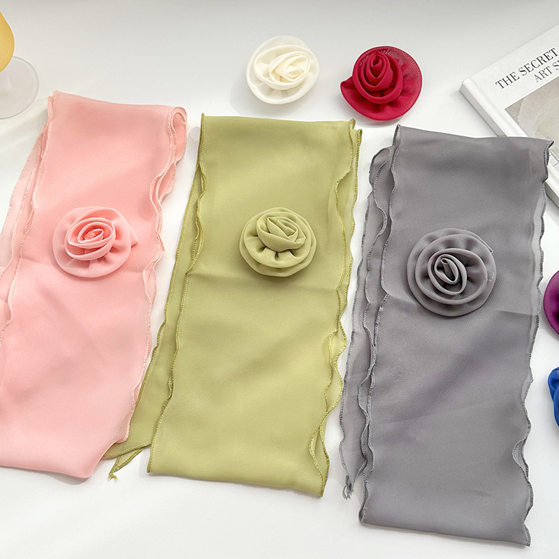 Pañuelo de seda para mujer primavera y verano nuevo estilo flor rosa color sólido estilo fino temperamento salvaje moda transmisión en vivo cinta pequeña bufanda