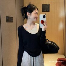 大码女装假两件拼接德绒打底衫女秋冬季新款胖宽松套头内搭上衣