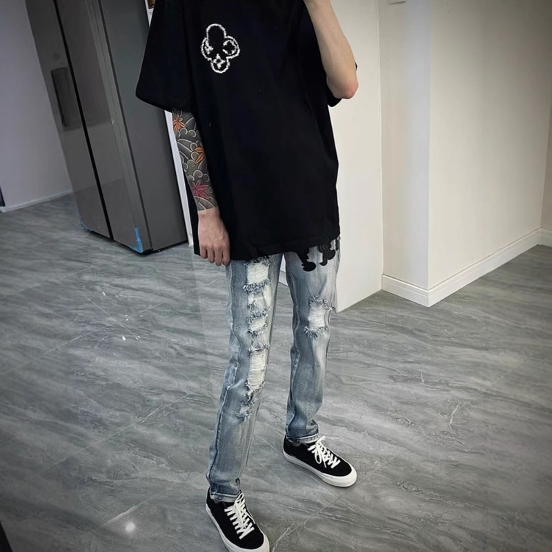 Summer Ripped Jeans Men's Letter Patch Embroidered Slim Leg Long Slim-fit Straight Barrel Ruffian Shuai Chao Long Pants