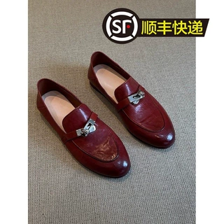 羊皮版内增高5cm复古金属锁扣乐福鞋女真皮圆头单鞋一脚蹬小皮鞋