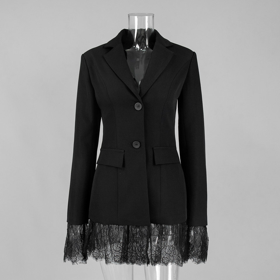Áo blazer nữ phối ren chiết eo dáng trung bình tay dài cổ vest một hàng cúc — Màu trắng, màu đen chi tiết 6