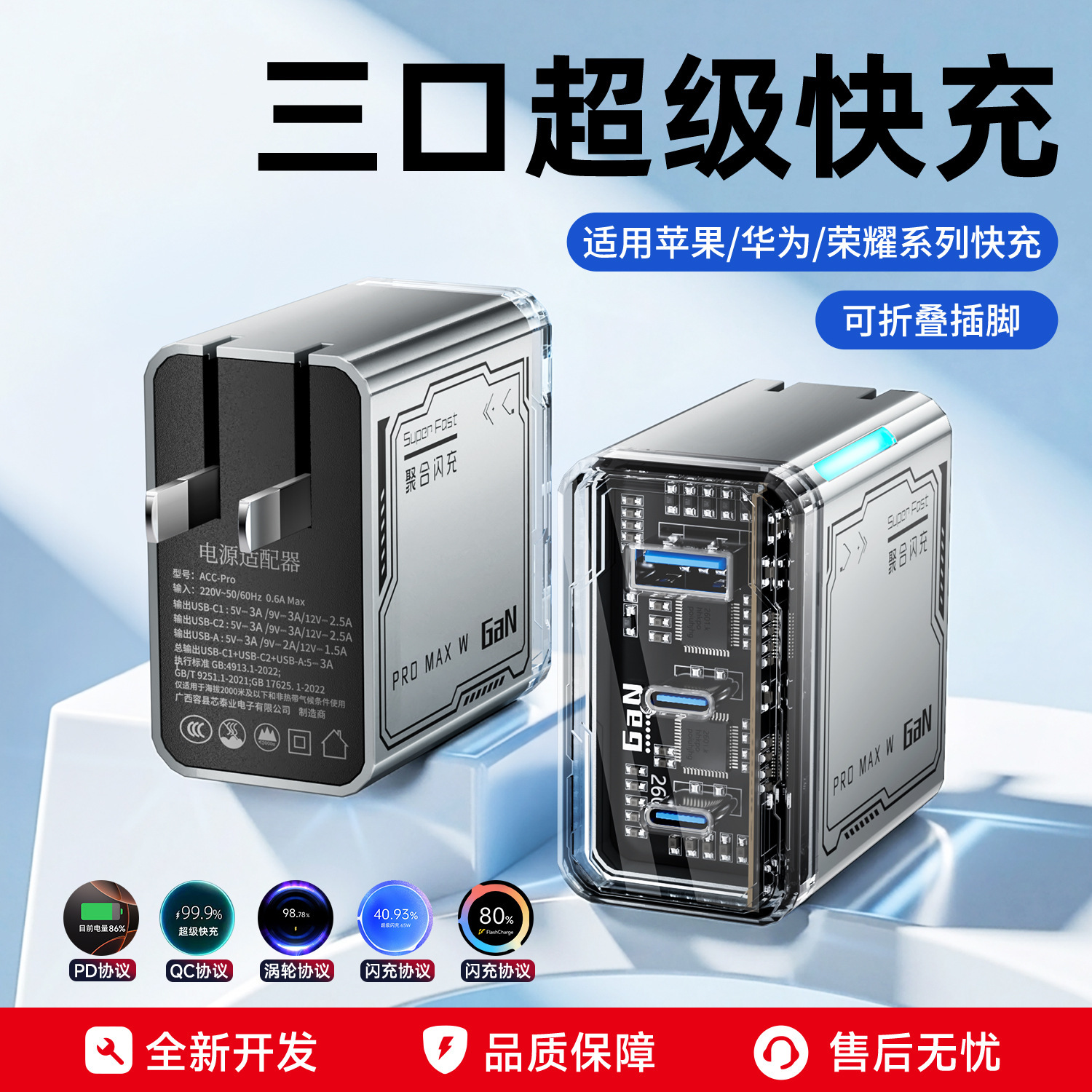 60W Super Fast Charging Head with Smart Ambient Light, Suitable for Huawei and Apple Pd Gallium Nitride Dual-Port Fast Charging Set
