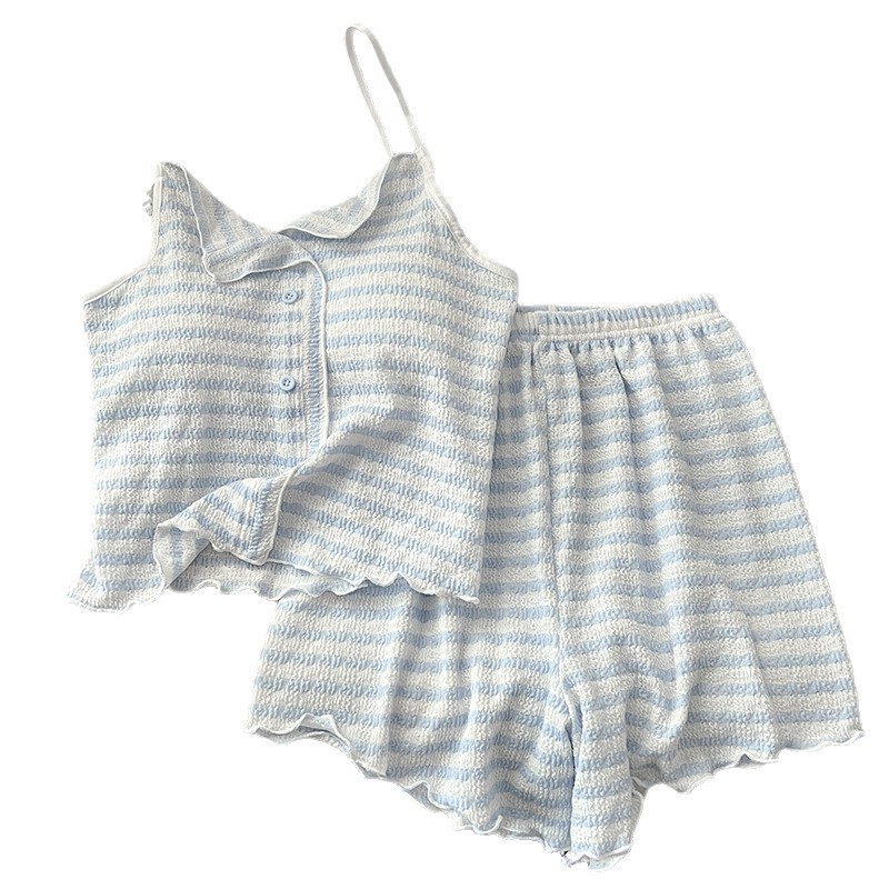Ins韓国版ストライプパジャマ女性2025新型夏モルデット胸パッド付きストラップストライプ家庭服セット|undefined