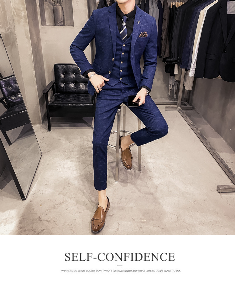 Herrenbekleidung Slim Fit dunkler Muster Herrenanzug mit zwei Knöpfen dreiteiliger Anzug Frühlings- und Herbststil Gentleman Herrenanzug Weste Hose_voghion.com