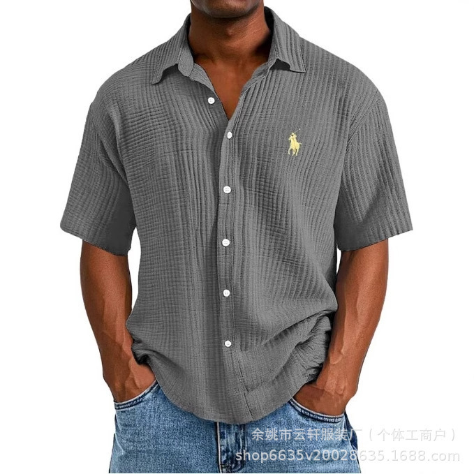 Tiktok Temu2025 New Cross-Border Large Size Shirt Embroidered Men's Loose Cotton Short-Sleeved Lapel Shirt Tiktok Temu2025 New Cross-Border Large Size Shirt Embroidered Men's Loose Cotton Short-Sleeved Lapel Shirt