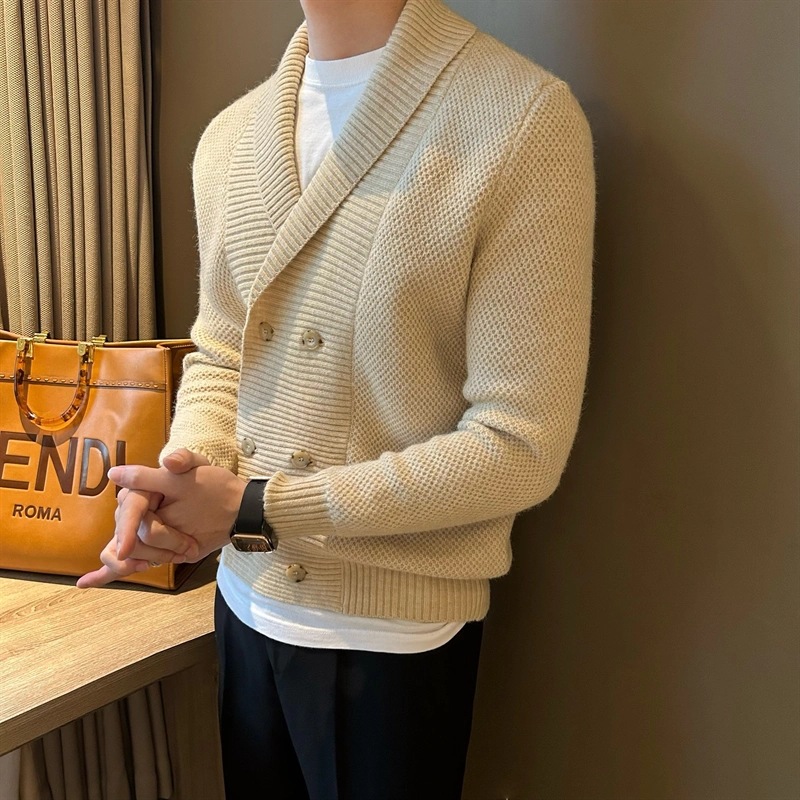 重磅商务男士青果领双排扣设计感针织外套毛衣保暖秋冬季复古休闲