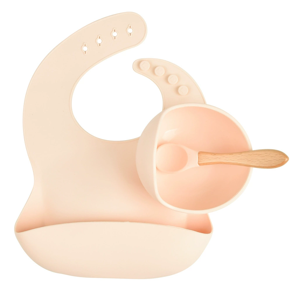 Silicone children's tableware set — bib, bowl and spoon with suction base, multi-color