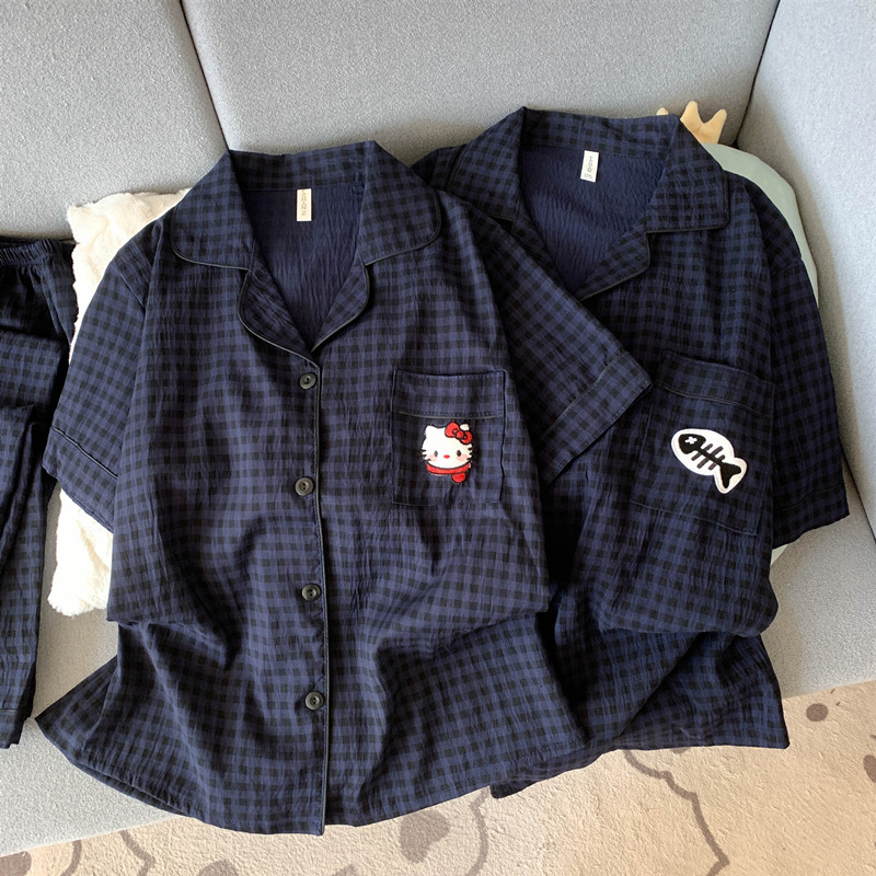 Japonés helloKitty nube de algodón puro pijamas de pareja verano de manga corta para mujer servicio a domicilio de tres piezas para hombre