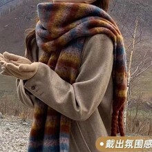 韩系条纹厚围巾冬季女生2024新款高级感保暖围脖百搭情侣披肩两用