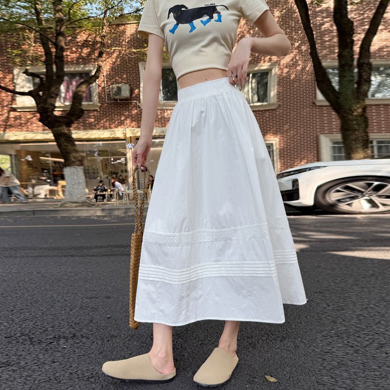 2025春夏百搭松紧腰显瘦韩风气质棉蕾丝拼接大摆半身裙长裙女|undefined
