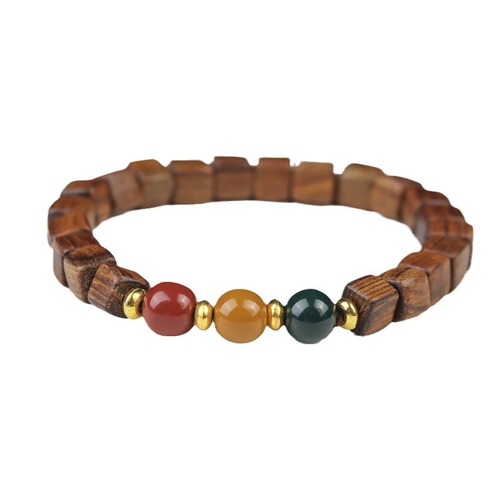 Modern Chinese Black Rosewood Block Bead Bracelet Three-Color Bead Red and Green Traffic Light DIY Style Old-style Ethnic Bracelet