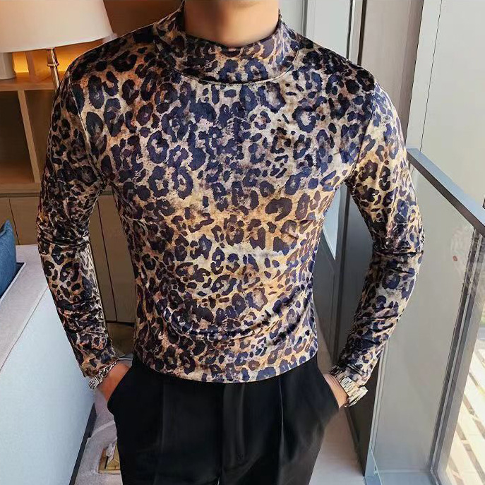European and American men's long-sleeved leopard print T-shirt men's stretch tight fitness clothes high collar men's bottoming shirt men