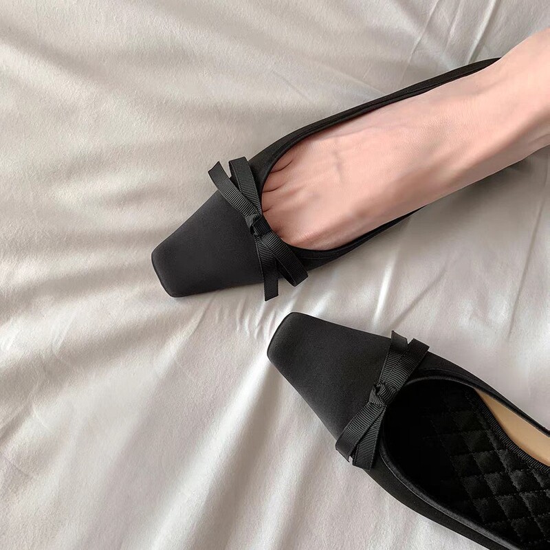 Sheepskin Version ~ Chinese Square Toe Bow Thick Heel Mary Jane Shoes for Women Spring New Silks and Satins High Heels for Women