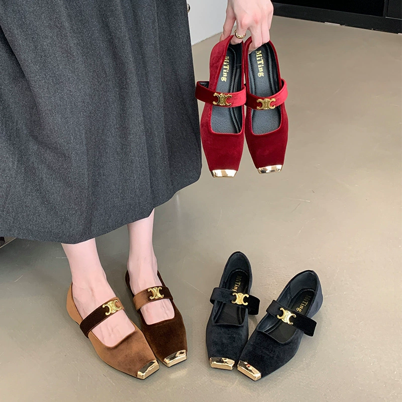 Ми Тин Ретро Квадратная голова Мэри Джейн обувь женская 2024 новая замшевая с мелким ртом