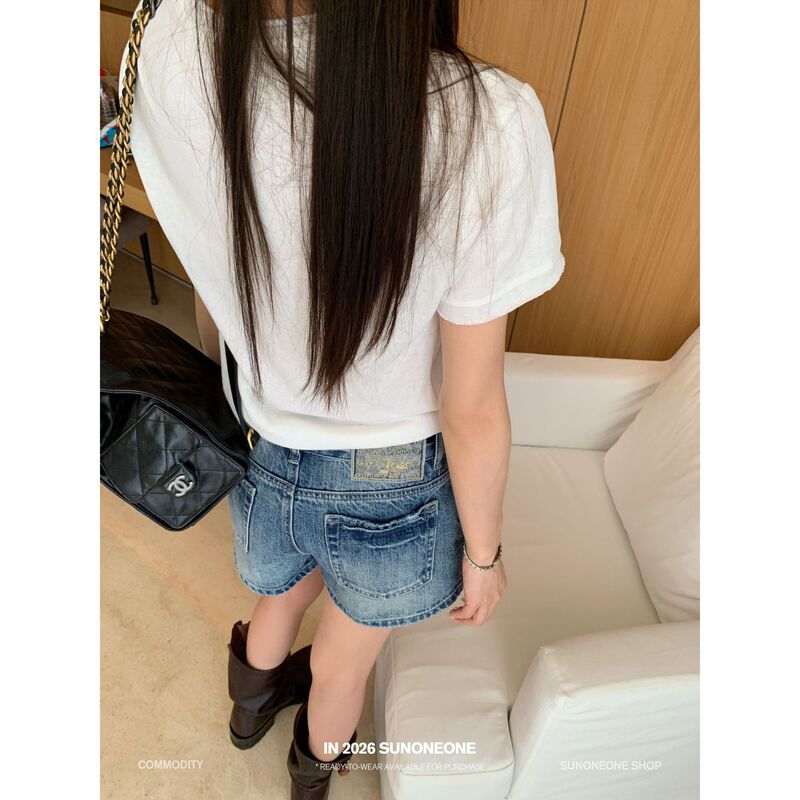 Embroidered Logo Denim Shorts for Women 2026 Summer New American Retro Unique Design Slim Fit Hot Girl Anti-Exposure Hot Pants