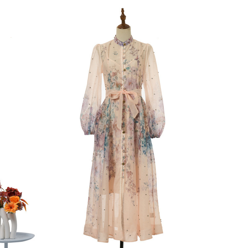 Cross-Border Independent Site Holiday Collection 2026 Spring/Summer New Floral Diamond Long Dress with Large Skirt Hem 2-Piece Set