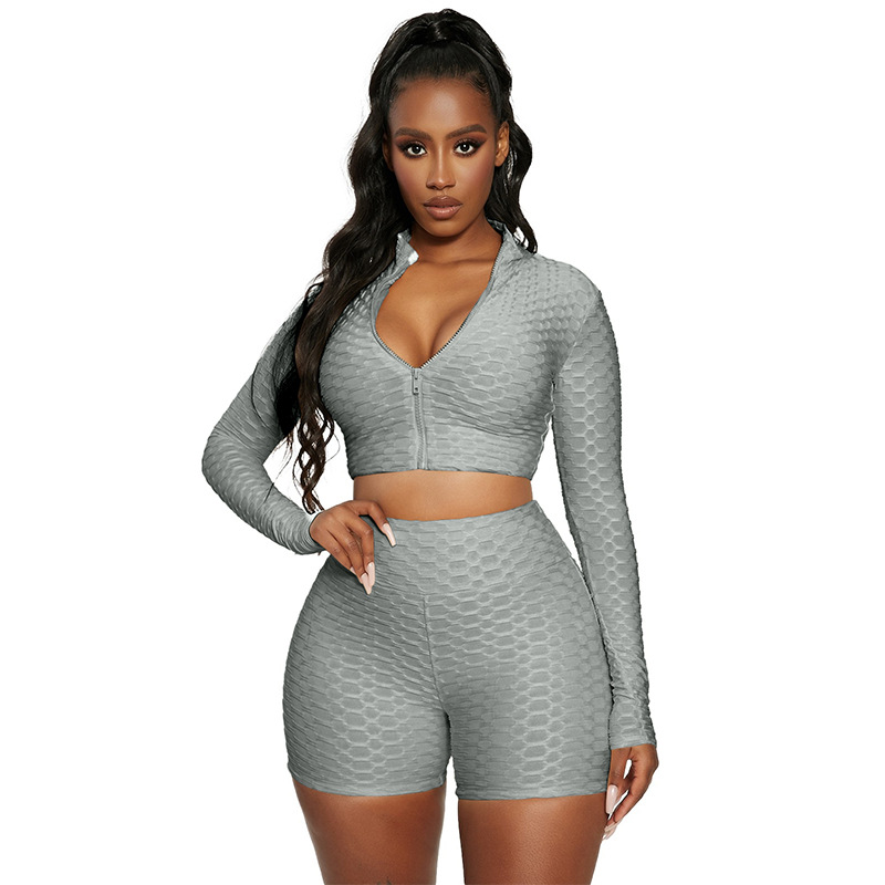 grid embossing tight-fitting solid color long-sleeved casual top & shorts set NSMAN53306