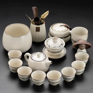 米白汝窑功夫茶具套装家用2025新款汝瓷寒梅井栏茶壶茶杯整套茶器