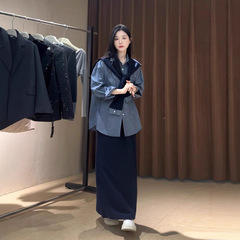 韩系chic穿搭条纹长袖衬衫套装女2025秋超火好看蓝色半身裙两件套