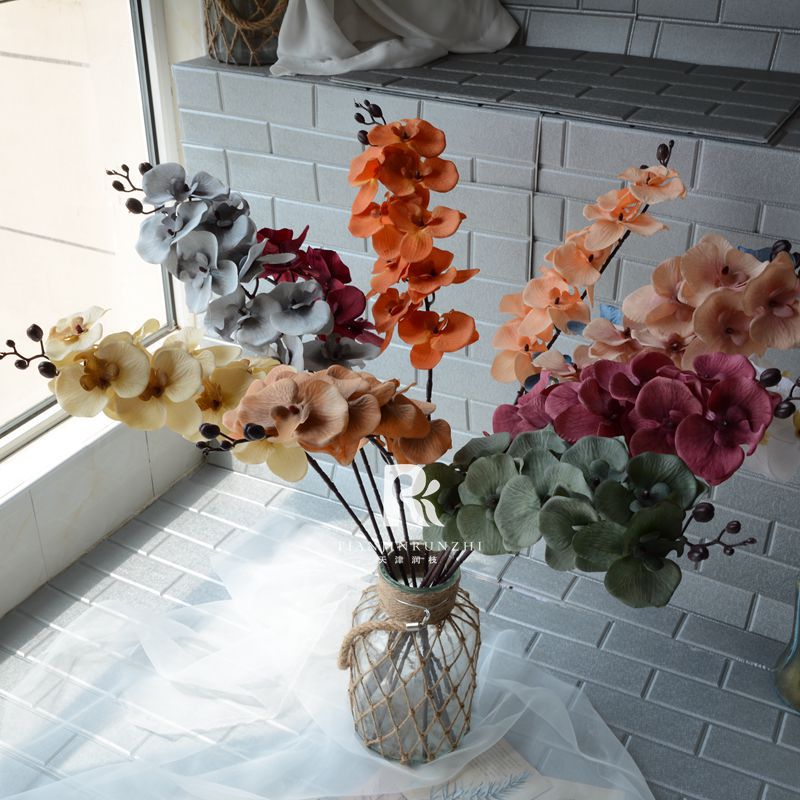 秋色婚慶仿真蝴蝶蘭 油畫蝴蝶蘭婚禮路引背景裝飾道具外貿假花