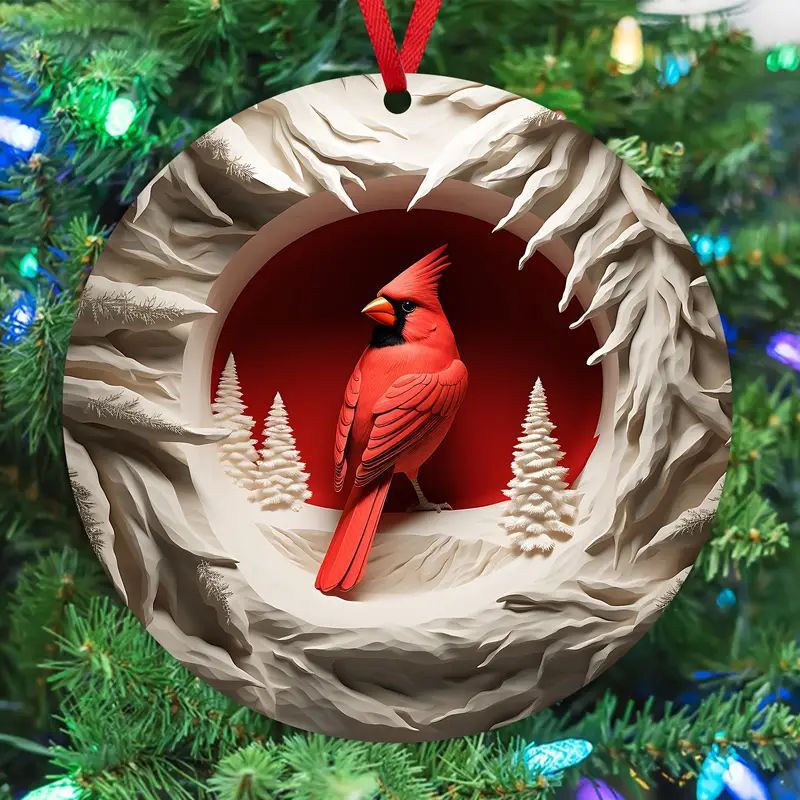 Colgante acrílico plano colgante decoración del árbol de Navidad listado disco pájaro rojo