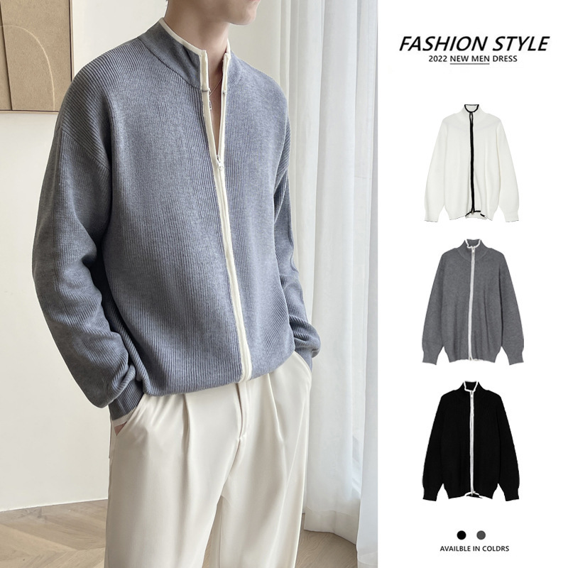 Cardigan Sweater Men's Coat Autumn and Winter New Solid Color All-match Zipper Design Sense Men's Light Mature Style Sweater Top
