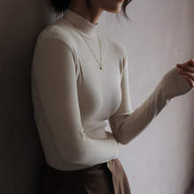 德绒螺纹基础款半高领长袖打底衫女士内搭秋冬季正肩t恤中领上衣