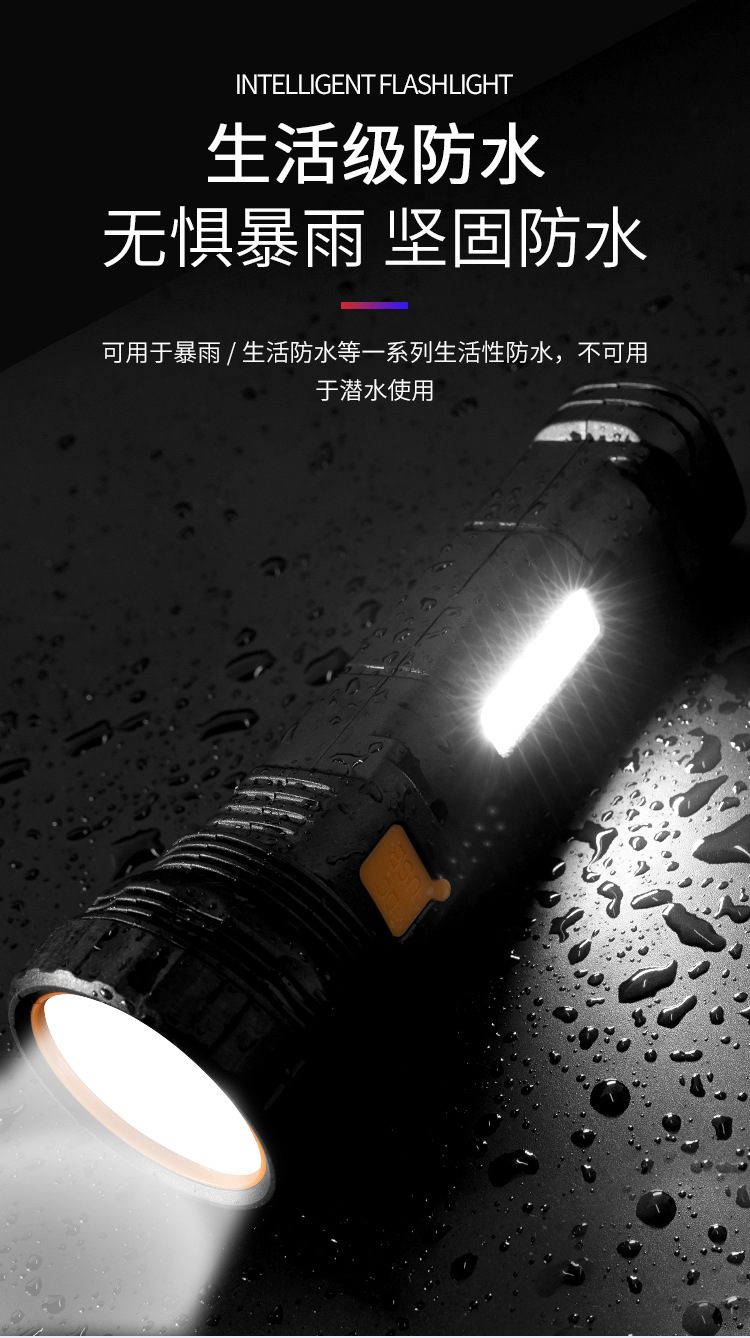Solar Flashlight Strong Light Spotlight Outdoor Charging Convenient Super Bright Gift with Side Light Cross-Border Factory Direct Sale