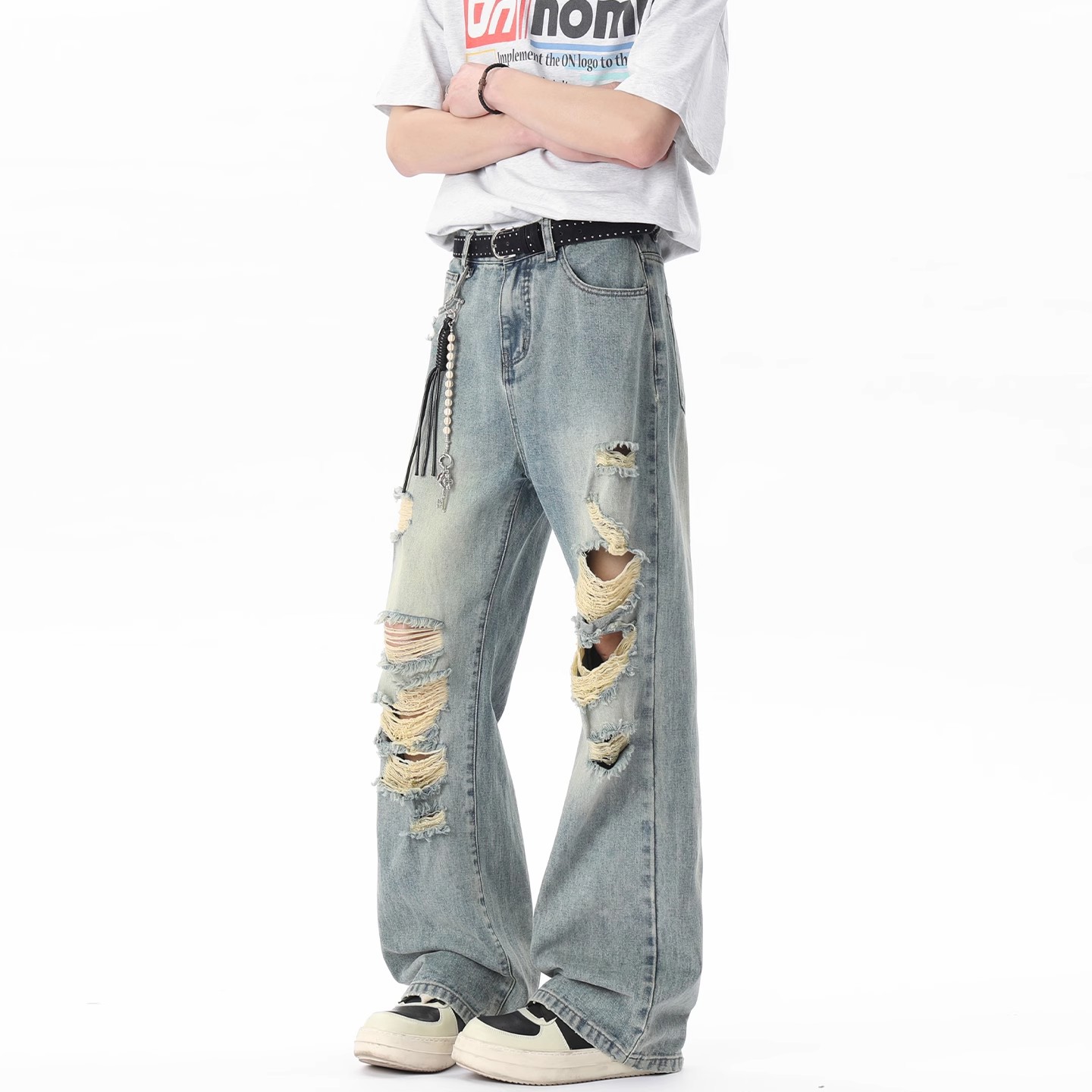 American Trendy Retro Ripped Flared Jeans for Men, Summer High Street Loose Cleanfit Versatile Wide-Leg Pants
