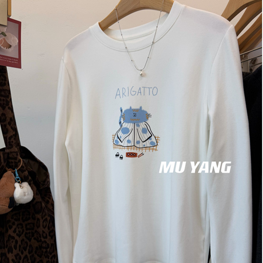 蓝色睡衣猫卡通长袖磨毛T恤女秋冬内搭休闲上衣tee厂家直销可外穿