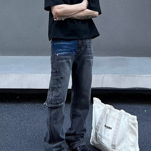 American street vibe, washed distressed color-block pocket cargo logging jeans for men, straight leg, slightly flared, trendy