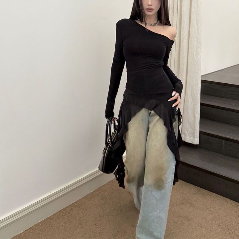 Cross-Border Wholesale Summer New Style Vest Pure Desire Off-Shoulder T-Shirt with Irregular Design and Ribbon Details for Women