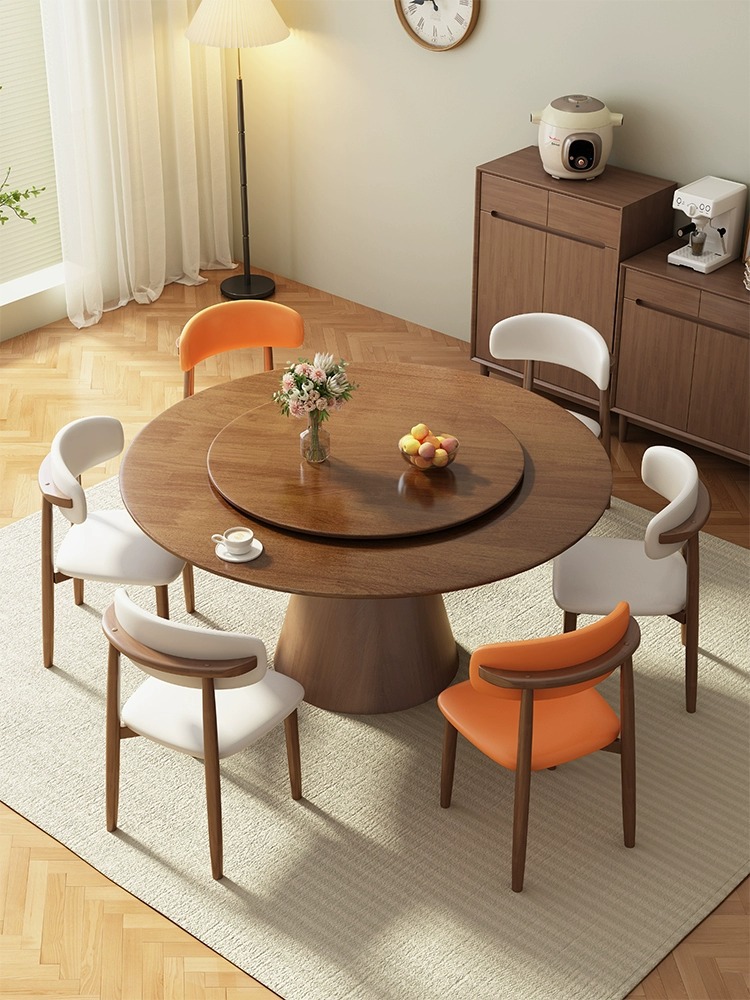 Scandinavian Solid Wood Round Dining Table and Chair Set with Turntable Induction Cooker Small Household Walnut Dining Table for 10 People