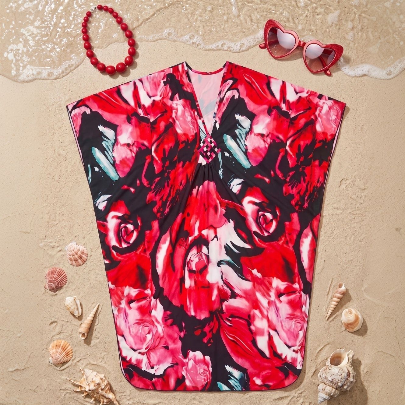 Red floral kaftan beach sun protection cover-up bikini outerwear swimsuit cover-up