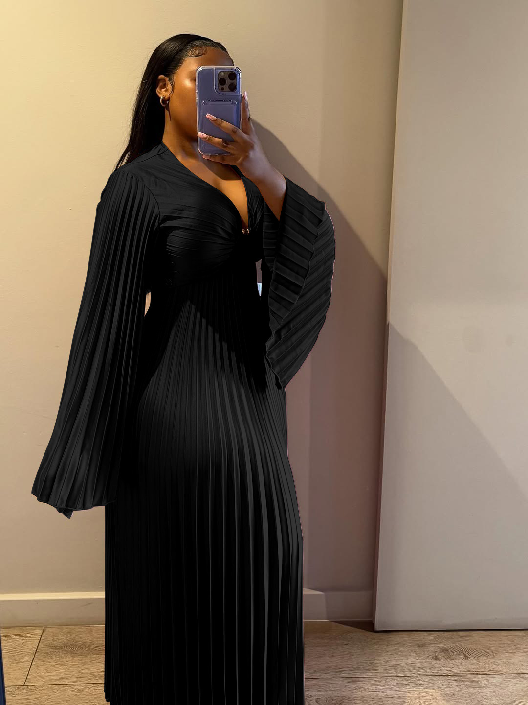 Women's Clothing Elegant Slim Fit Women's Dress V Neck Pleated Long Sleeve Solid Color Casual Spring/Autumn Dress_ecoleips.com