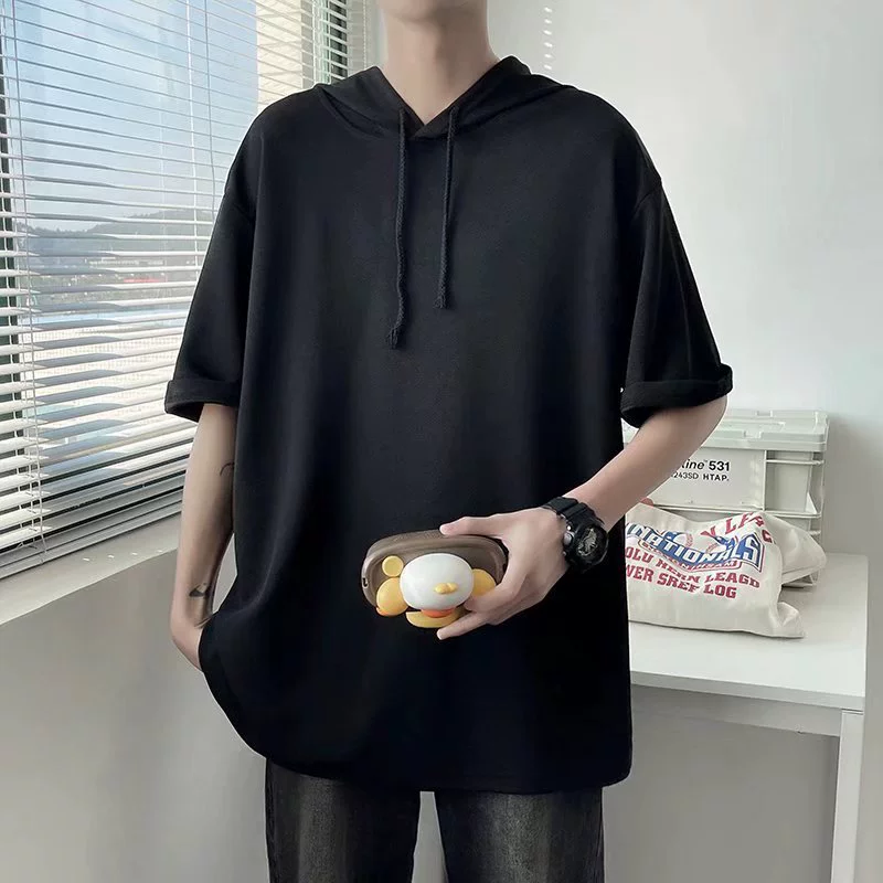 2023 новая весенняя футболка мужская футболка модная студентка тонкая гонконгская ветровая свободная полукрукавная свитер с капюшоном для мужчин и женщин с короткими рукавами