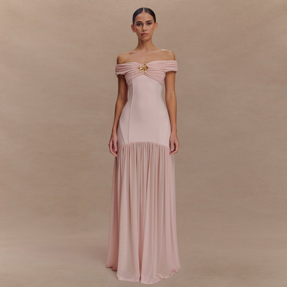 Backless Mesh Detail Long Dress, Slim Fit Pleated Backless Mesh Detail Long Dress, Slim Fit Pleated