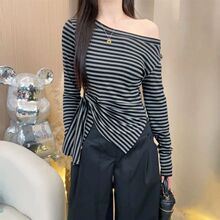 慵懒条纹斜肩露肩韩系长袖恤设计感上衣秋收女装开叉早不规则包邮