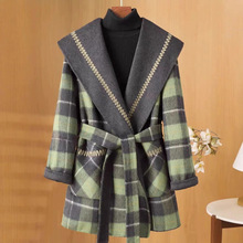 绿格子两面穿双面呢羊毛大衣女2025秋冬新款宽松系带翻领毛呢外套