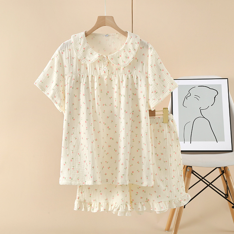 Women's Summer Crepe Cotton Yarn Doll Collar Cute Age-reducing Printed Short-sleeved Shorts Pajamas Home Clothes suit