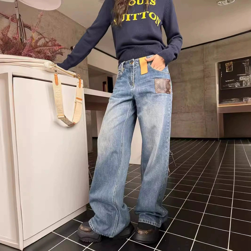 Old Flower Wide-leg Jeans Retro Mid-high Waist Washed Blue Wide-leg Pants Straight-leg Pants High Look Thin Low-key Fashionable