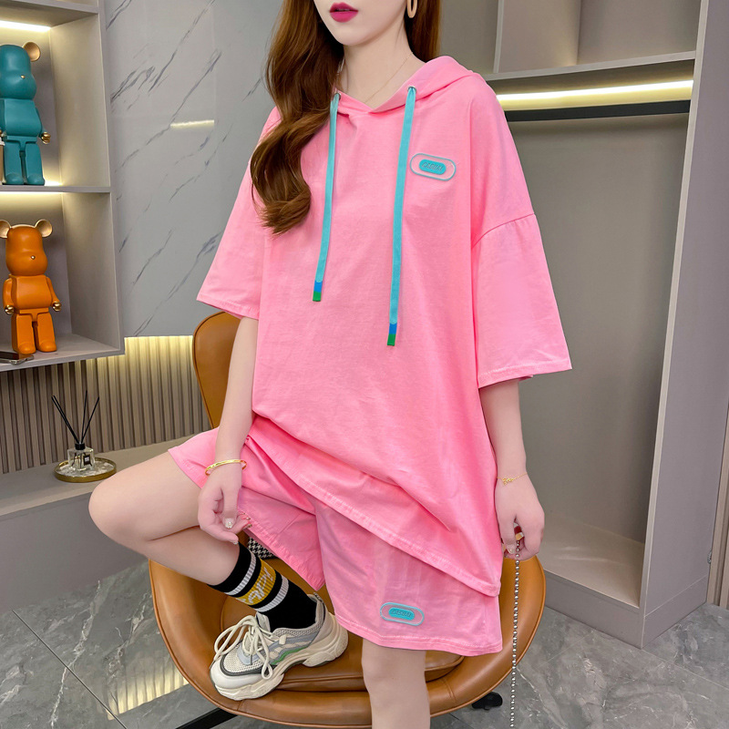 2026 Summer Plus Size 150kg Fashionable Versatile Casual Hooded Internet Celebrity Short Sleeve Shorts Two-Piece Set For_voghion.com