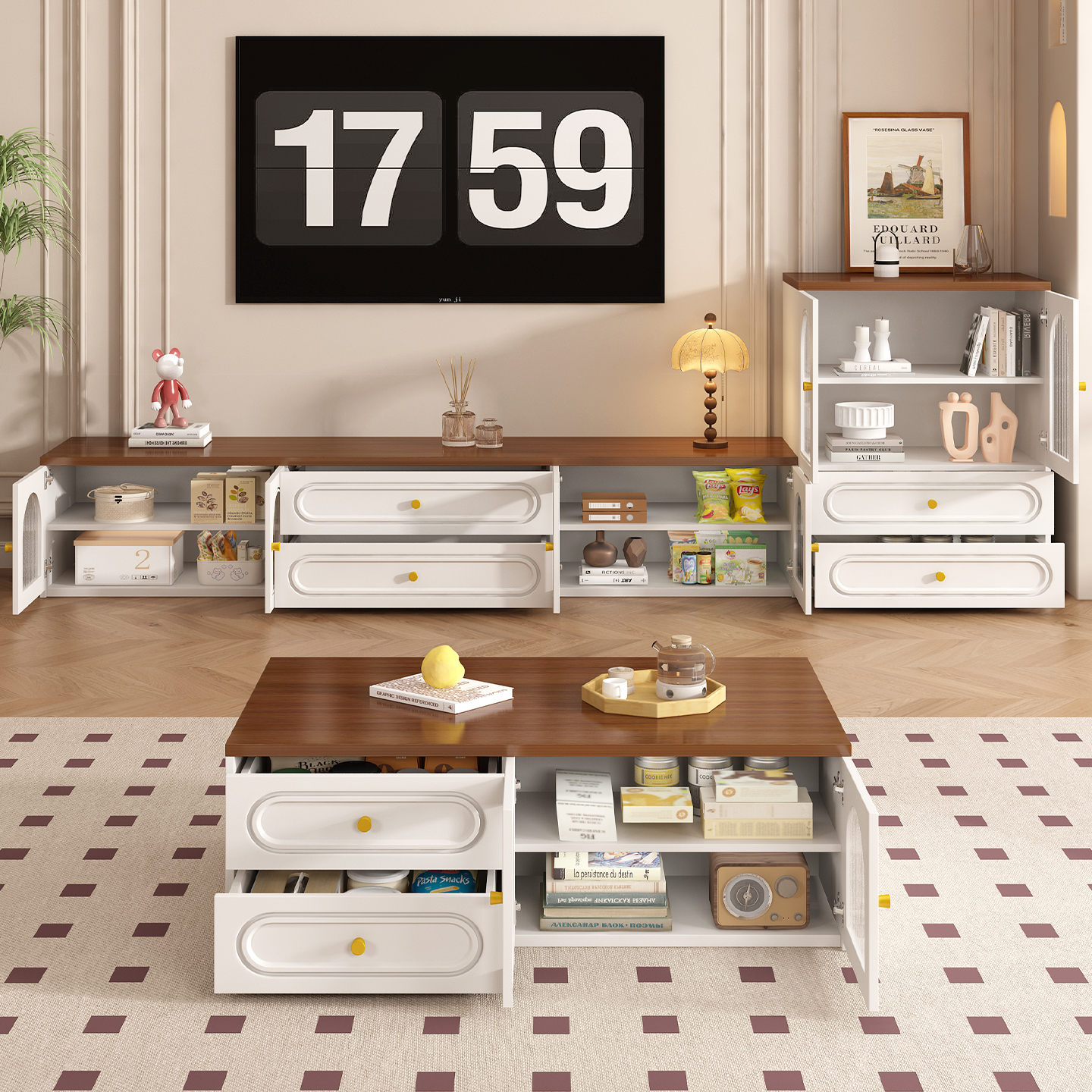 ✅ French-Style Retro Tv Cabinet and Coffee Table Set for Small Living Rooms, Home Storage Cabinet, Floor-Standing Tv Side Cabinet