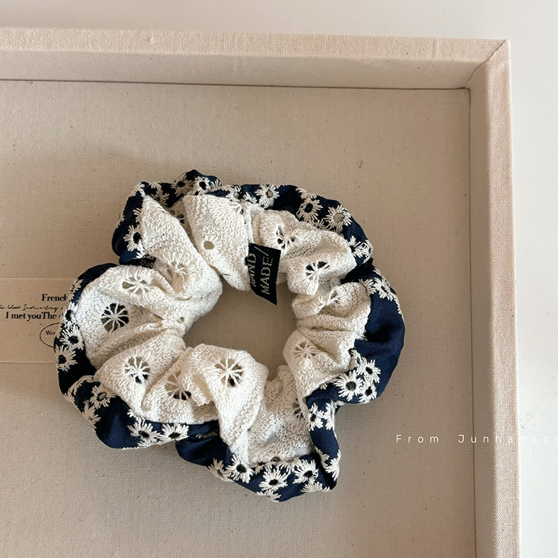 niche ethnic style cotton and linen hollow embroidered purplish blue small flower stitching ruffle large intestine hair ring bun