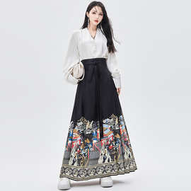 新中式国风马面裙女春秋新款一片式长裙汉服遮胯百褶印花半身裙