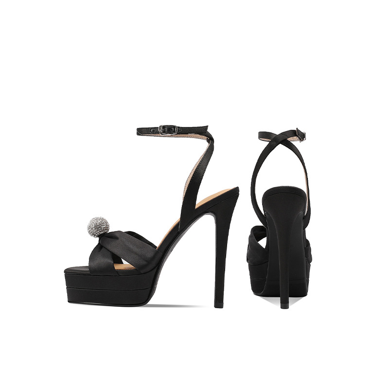 Sandal cao gót nữ satin quai ngang gót nhọn đính đá 13 cm — Màu đen