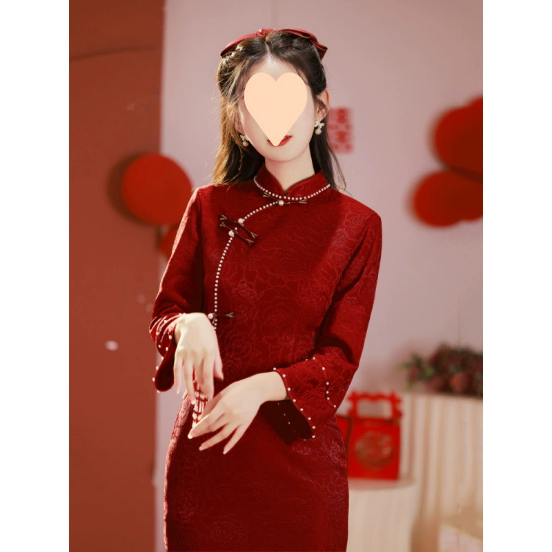 Платье Cheongsam для тостов, бордовое обручальное платье невесты, женское улучшенное домашнее свадебное платье в китайском стиле с длинными рукавами