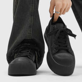 春季大头鞋黑色厚底增高运动休闲板鞋百搭通勤皮面低帮耐磨德比鞋